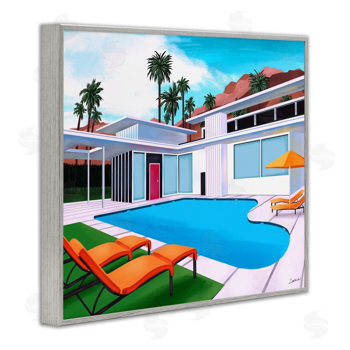 Ziwei Li Modern Home Poolside Desert Mountains Gray Framed Giclee Wall Art