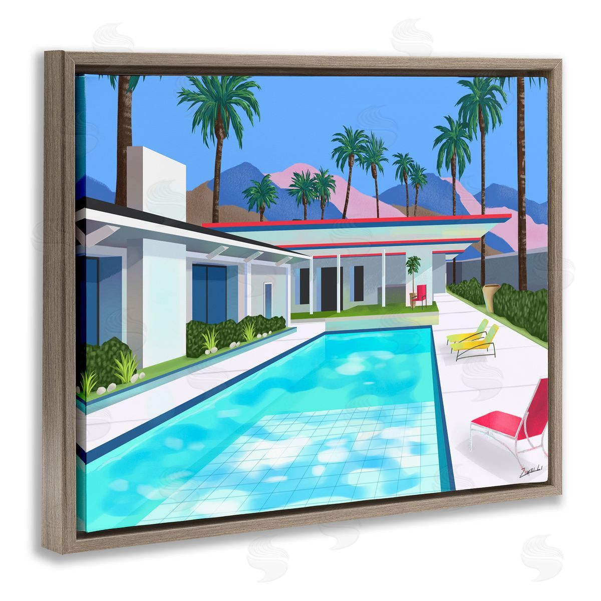 Ziwei Li Modern Pool Tropical Palm Trees Brown Floater Frame Canvas Art