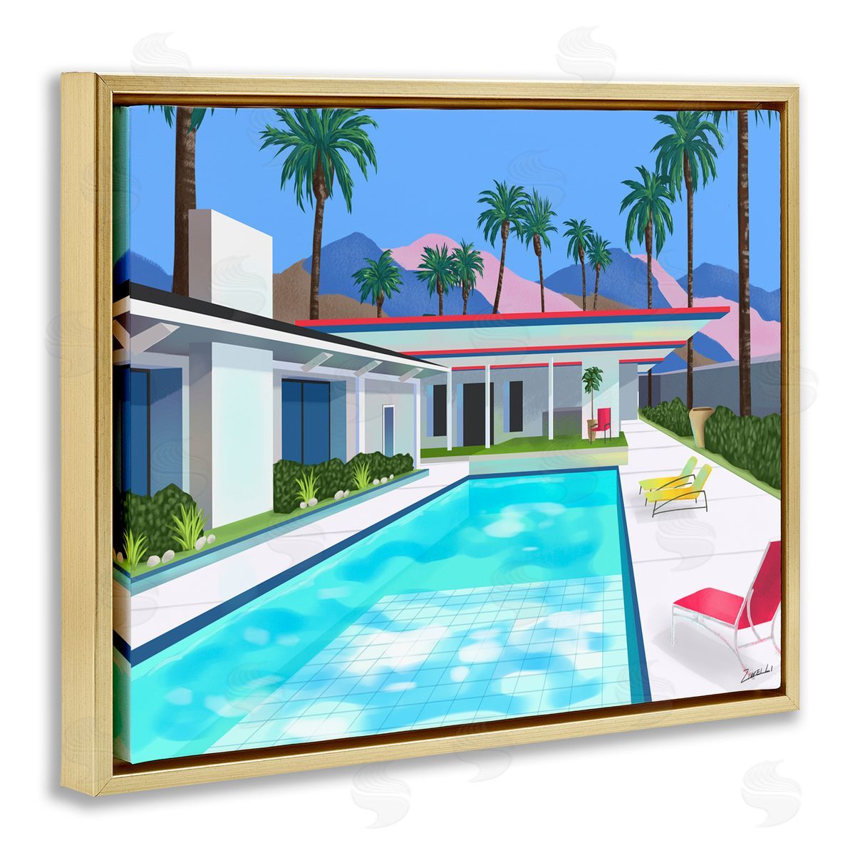 Ziwei Li Modern Pool Tropical Palm Trees Gold Floater Frame Canvas Art