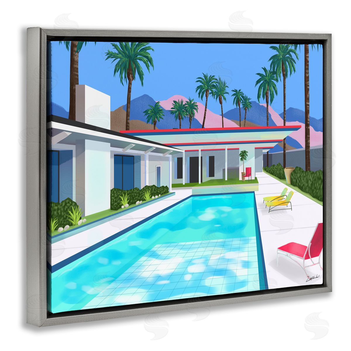 Ziwei Li Modern Pool Tropical Palm Trees Gray Floater Frame Canvas Art