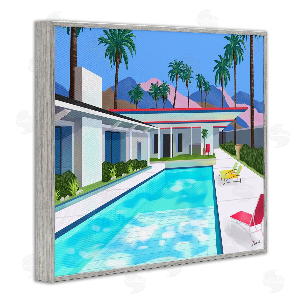Ziwei Li Modern Pool Tropical Palm Trees Gray Framed Giclee Wall Art