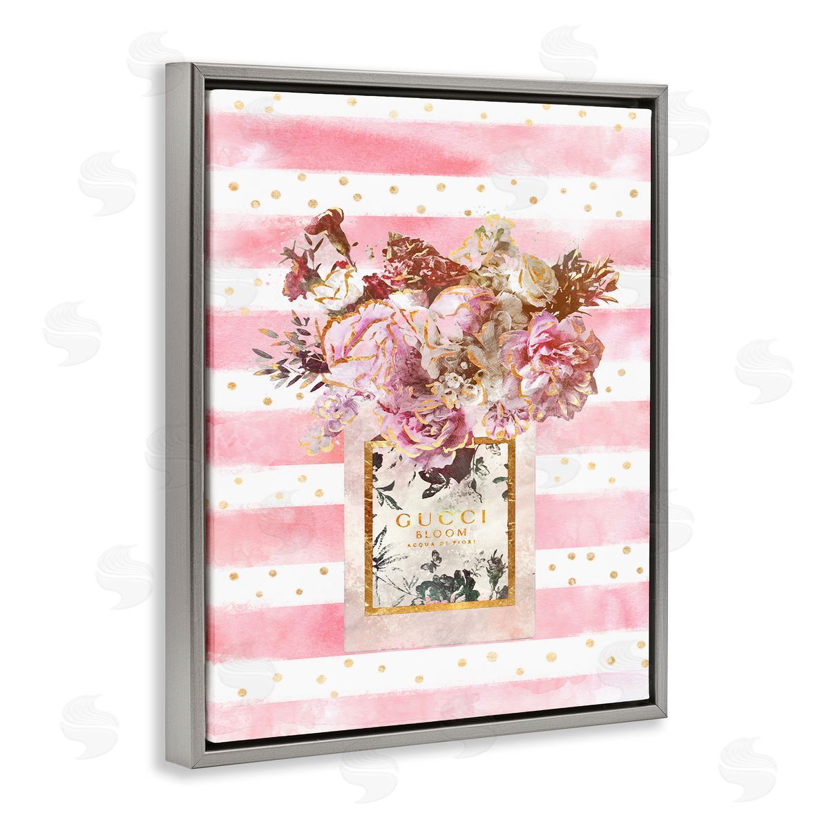 Ziwei Li Fashion Floral Vase Pink Stripes Gray Floater Frame Canvas Art