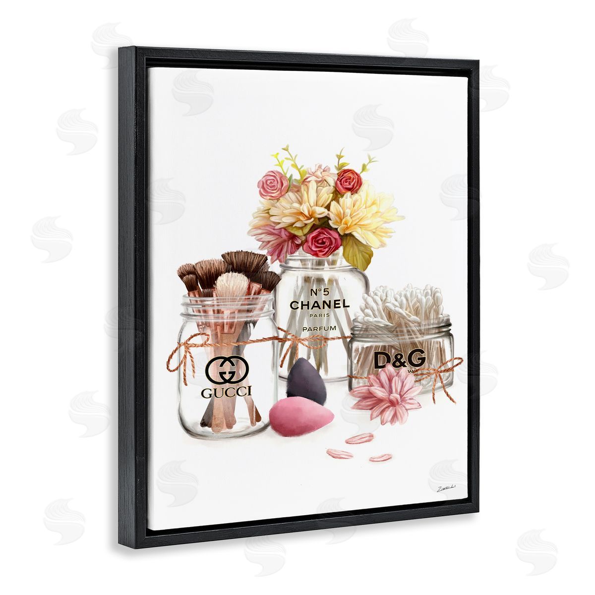 Ziwei Li Florals in Fashion Jars Toiletries Black Floater Frame Canvas Art