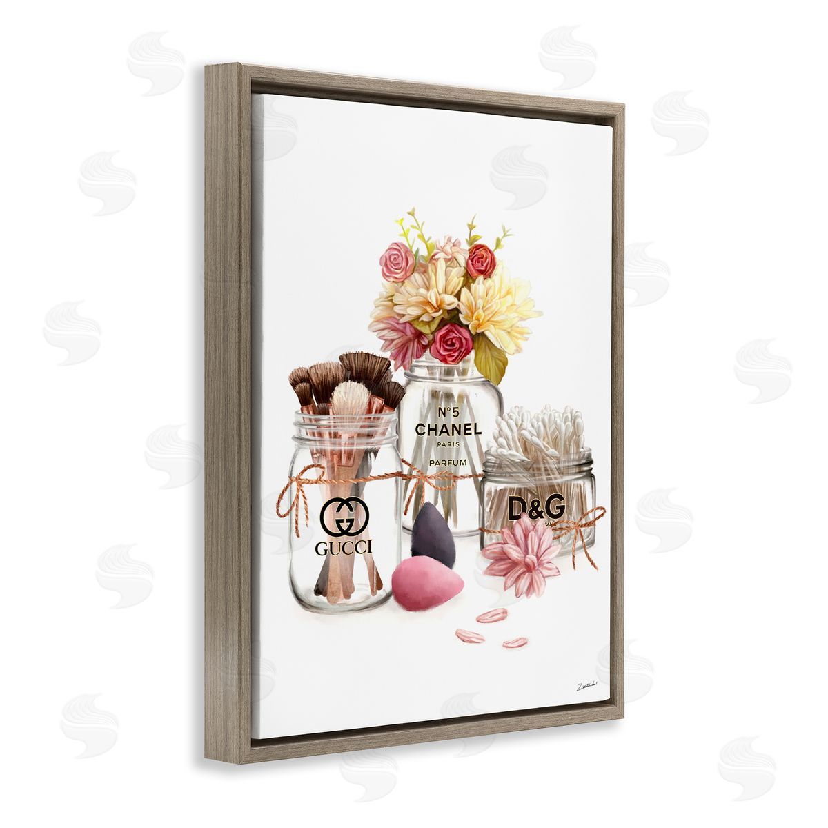 Ziwei Li Florals in Fashion Jars Toiletries Brown Floater Frame Canvas Art