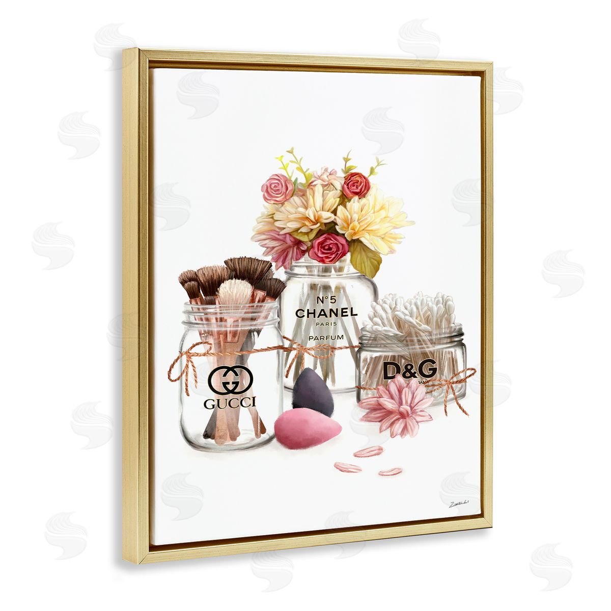 Ziwei Li Florals in Fashion Jars Toiletries Gold Floater Frame Canvas Art