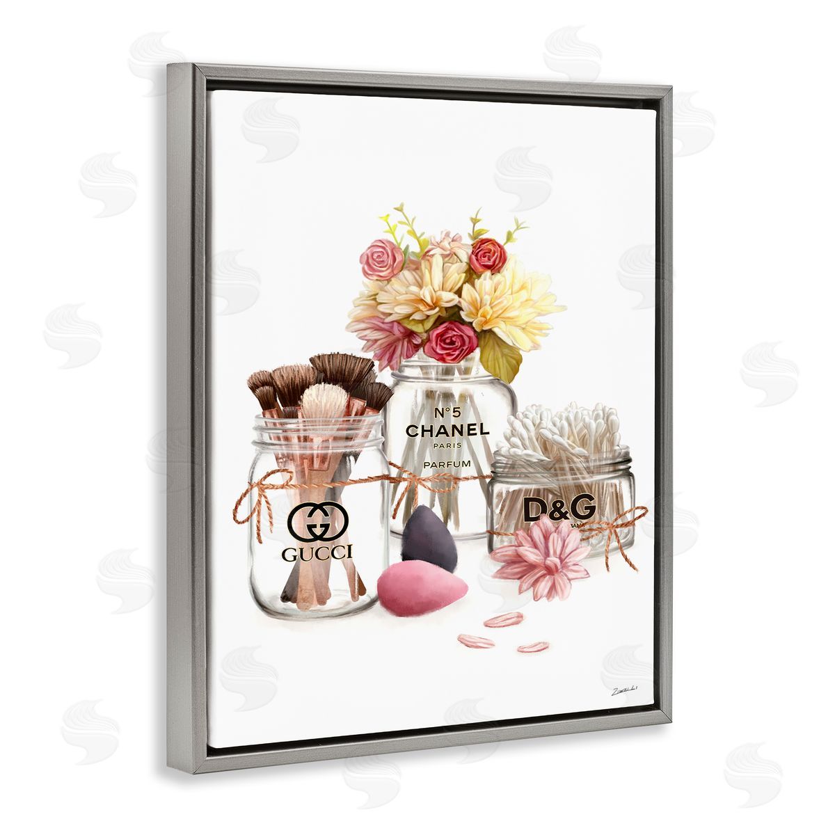 Ziwei Li Florals in Fashion Jars Toiletries Gray Floater Frame Canvas Art