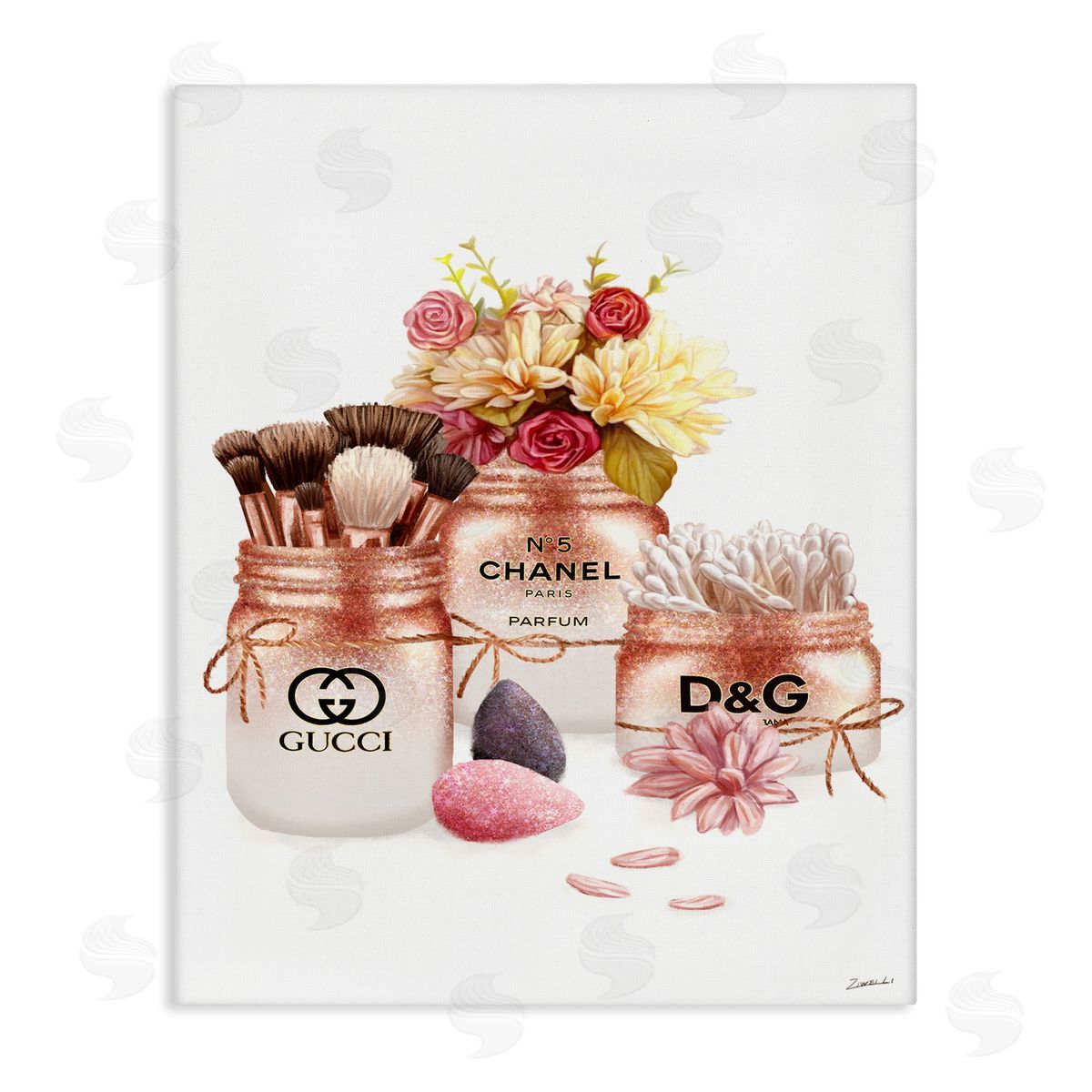Ziwei Li Fashion Cosmetic Jars and Floral Bouquet Canvas Wall Art