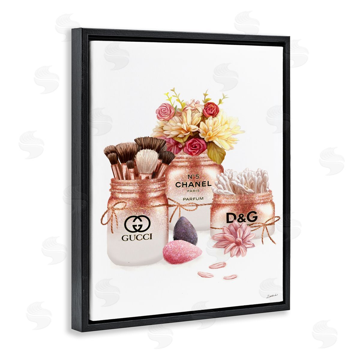 Ziwei Li Fashion Cosmetic Jars and Floral Bouquet Black Floater Frame Canvas Art