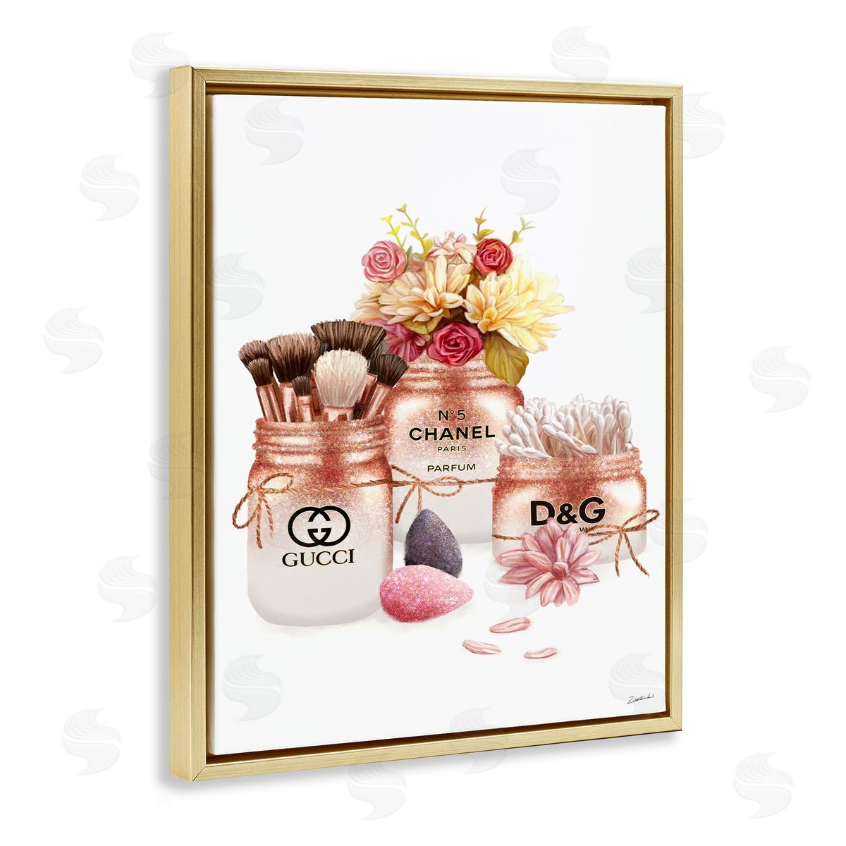 Ziwei Li Fashion Cosmetic Jars and Floral Bouquet Gold Floater Frame Canvas Art