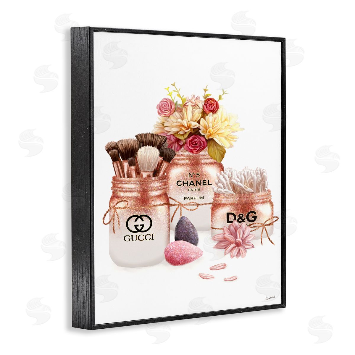 Ziwei Li Fashion Cosmetic Jars and Floral Bouquet Black Framed Giclee Wall Art
