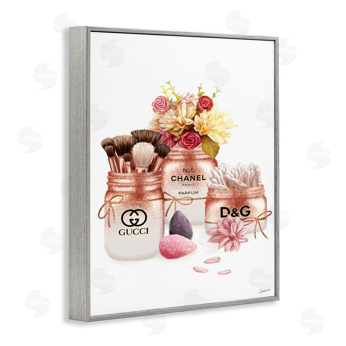 Ziwei Li Fashion Cosmetic Jars and Floral Bouquet Gray Framed Giclee Wall Art