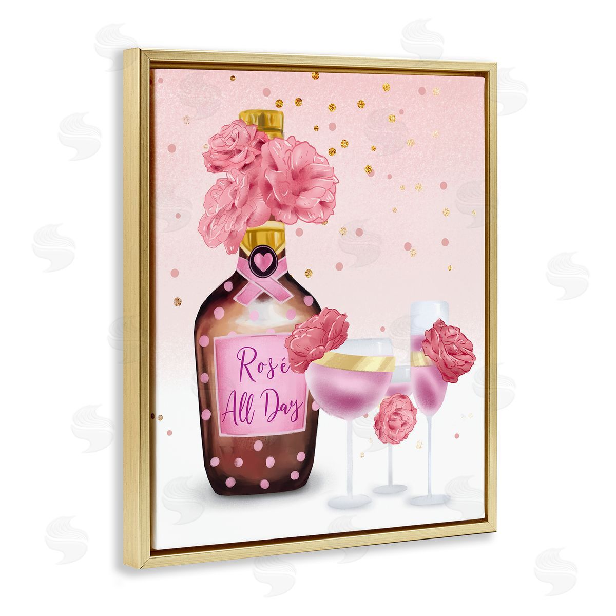 Ziwei Li Rosé All Day with Pink Polka Dots Gold Floater Frame Canvas Art
