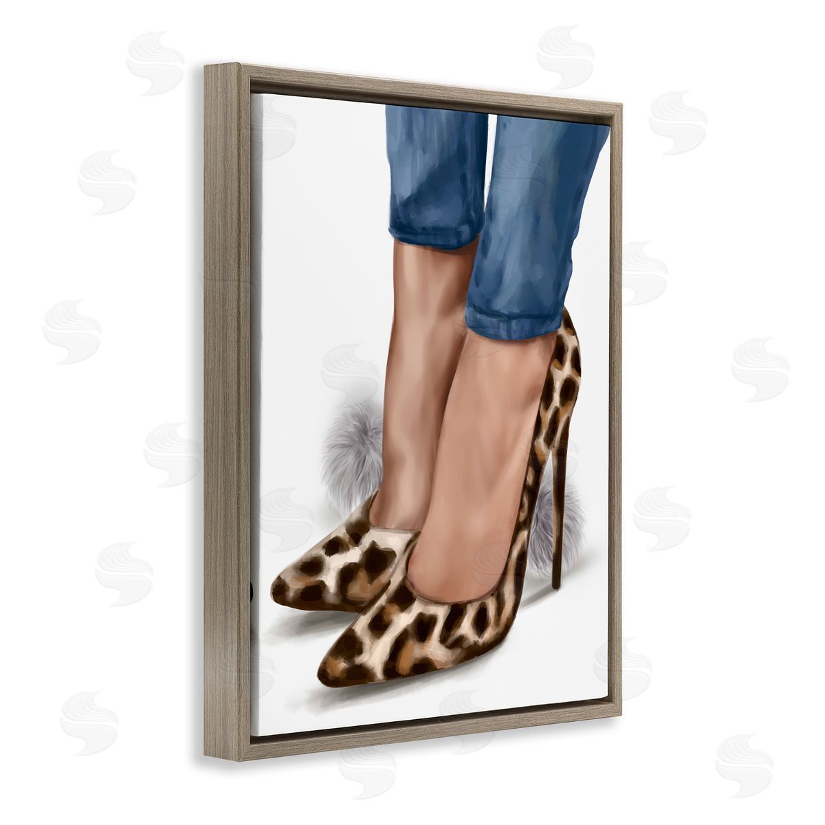 Ziwei Li Animal Print Heels with Pom Poms Brown Floater Frame Canvas Art