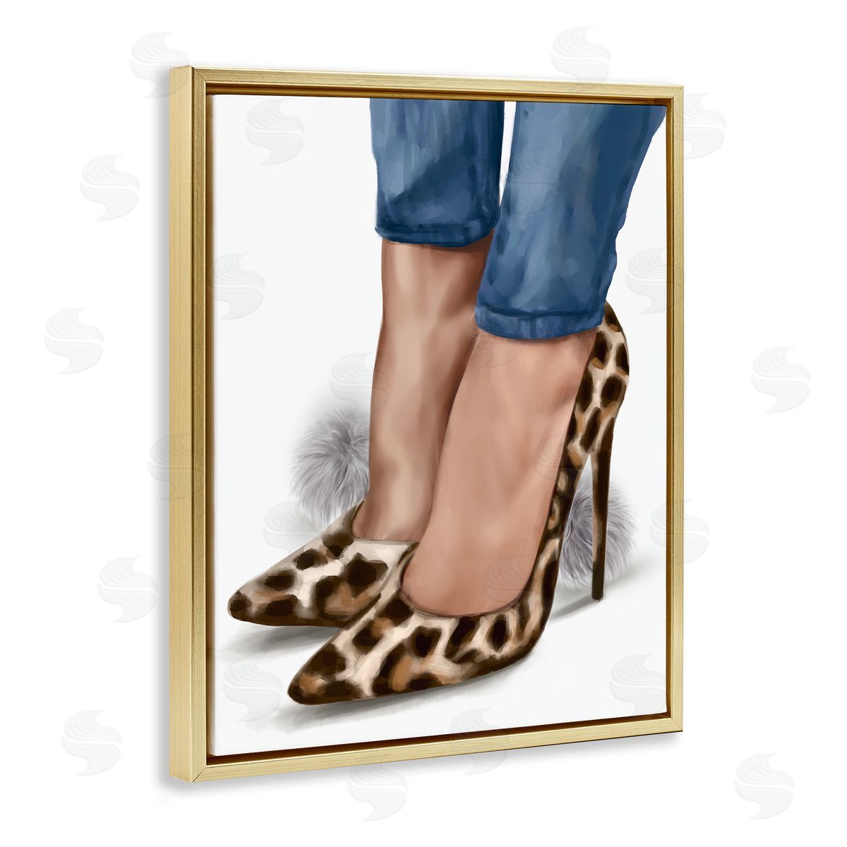 Ziwei Li Animal Print Heels with Pom Poms Gold Floater Frame Canvas Art