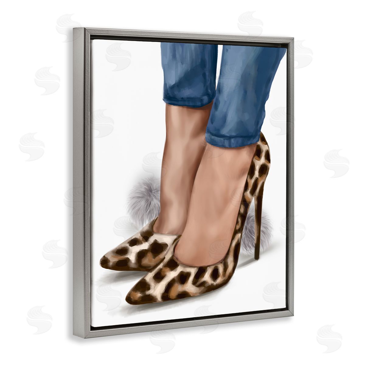 Ziwei Li Animal Print Heels with Pom Poms Gray Floater Frame Canvas Art