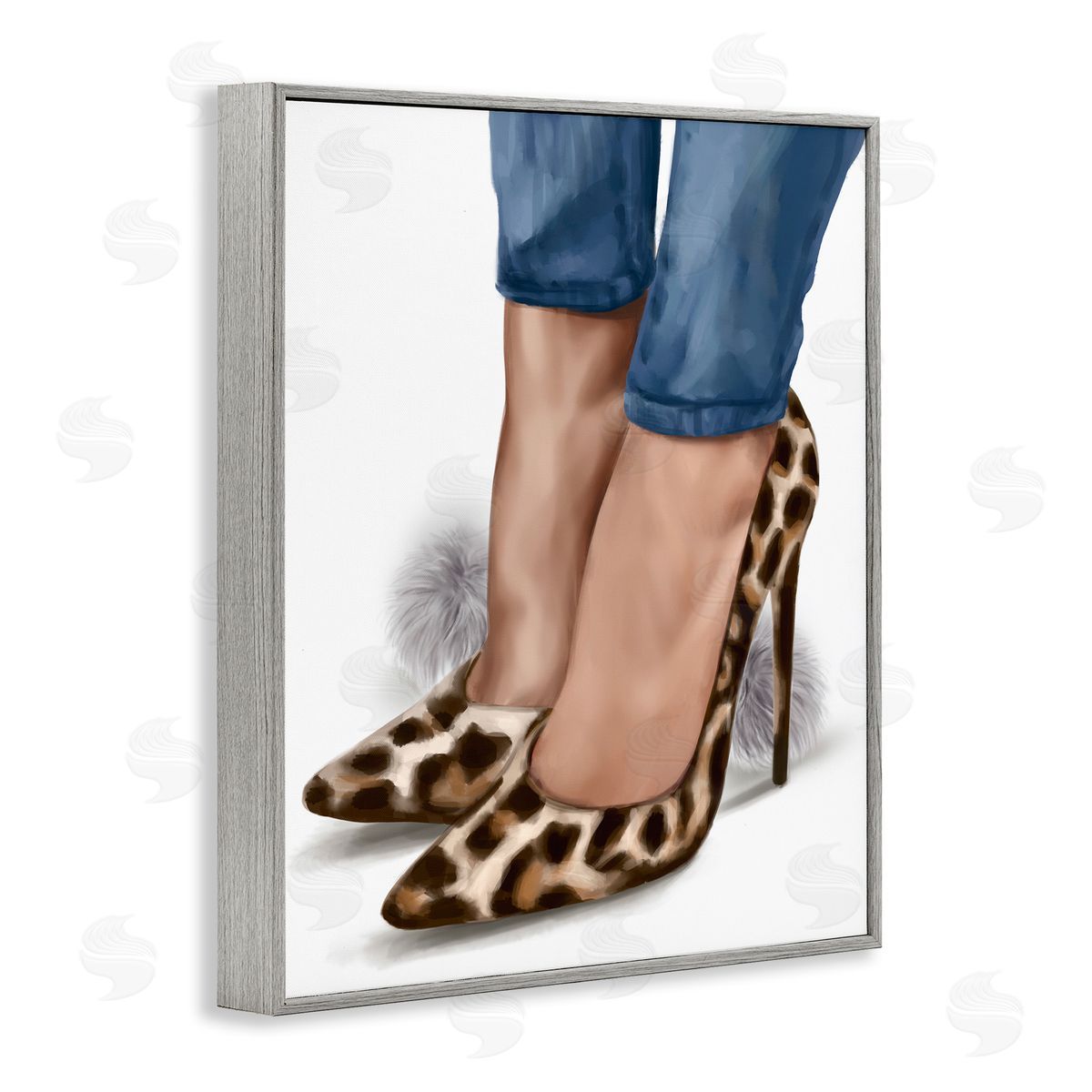 Ziwei Li Animal Print Heels with Pom Poms Gray Framed Giclee Wall Art