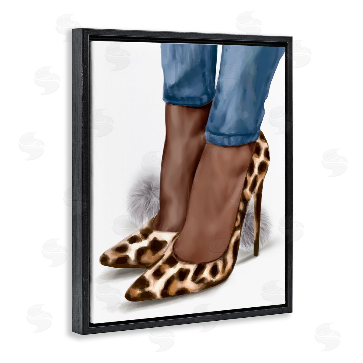 Ziwei Li Fashion Animal Print Heels and Denim Black Floater Frame Canvas Art