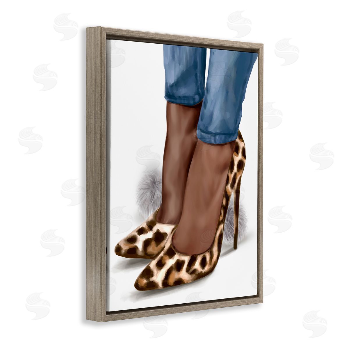 Ziwei Li Fashion Animal Print Heels and Denim Brown Floater Frame Canvas Art