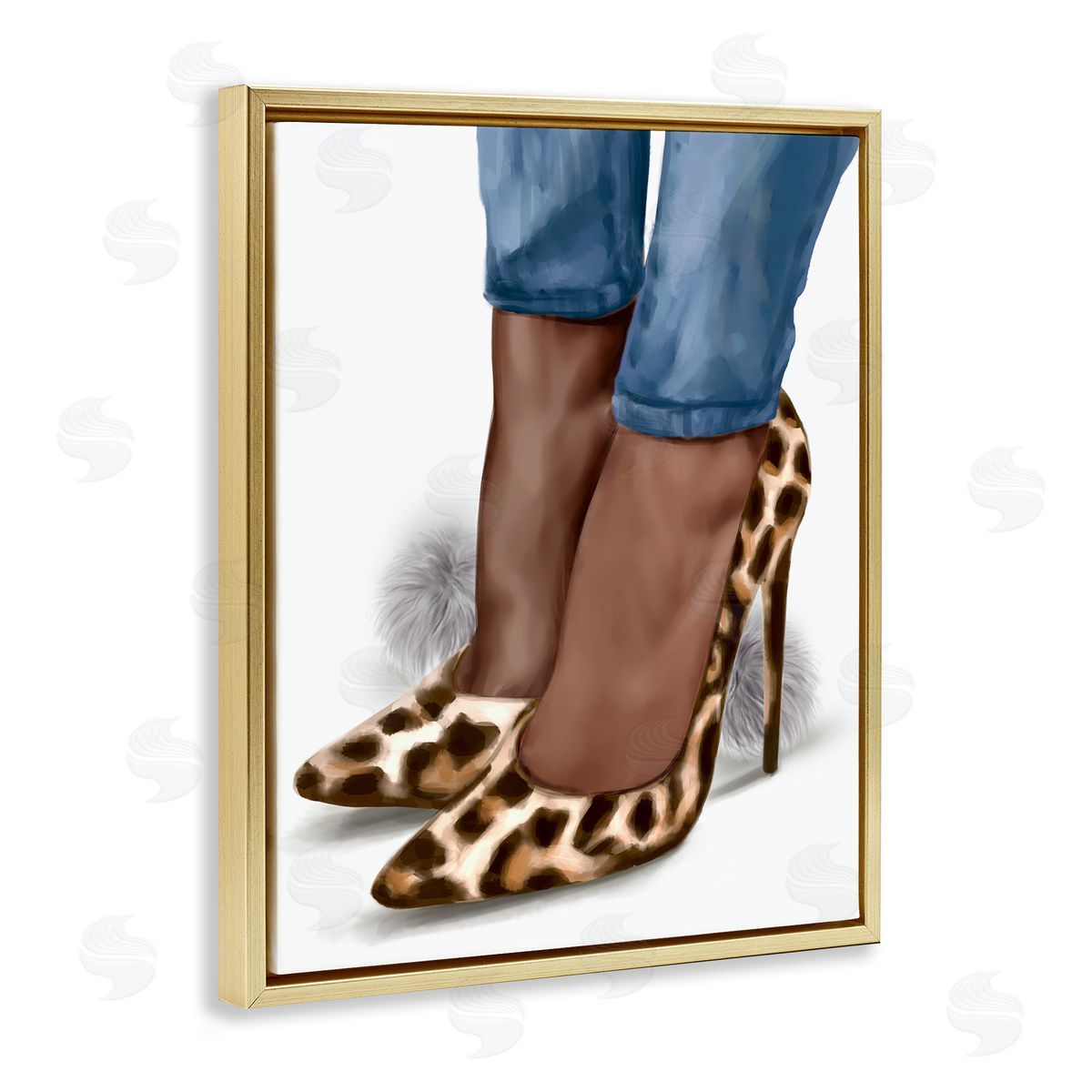 Ziwei Li Fashion Animal Print Heels and Denim Gold Floater Frame Canvas Art