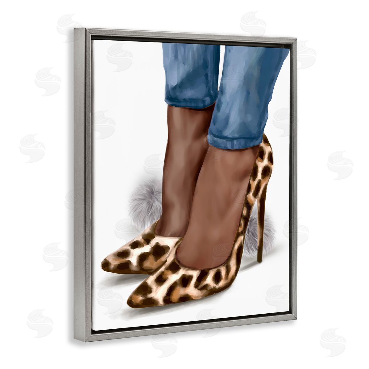 Ziwei Li Fashion Animal Print Heels and Denim Gray Floater Frame Canvas Art