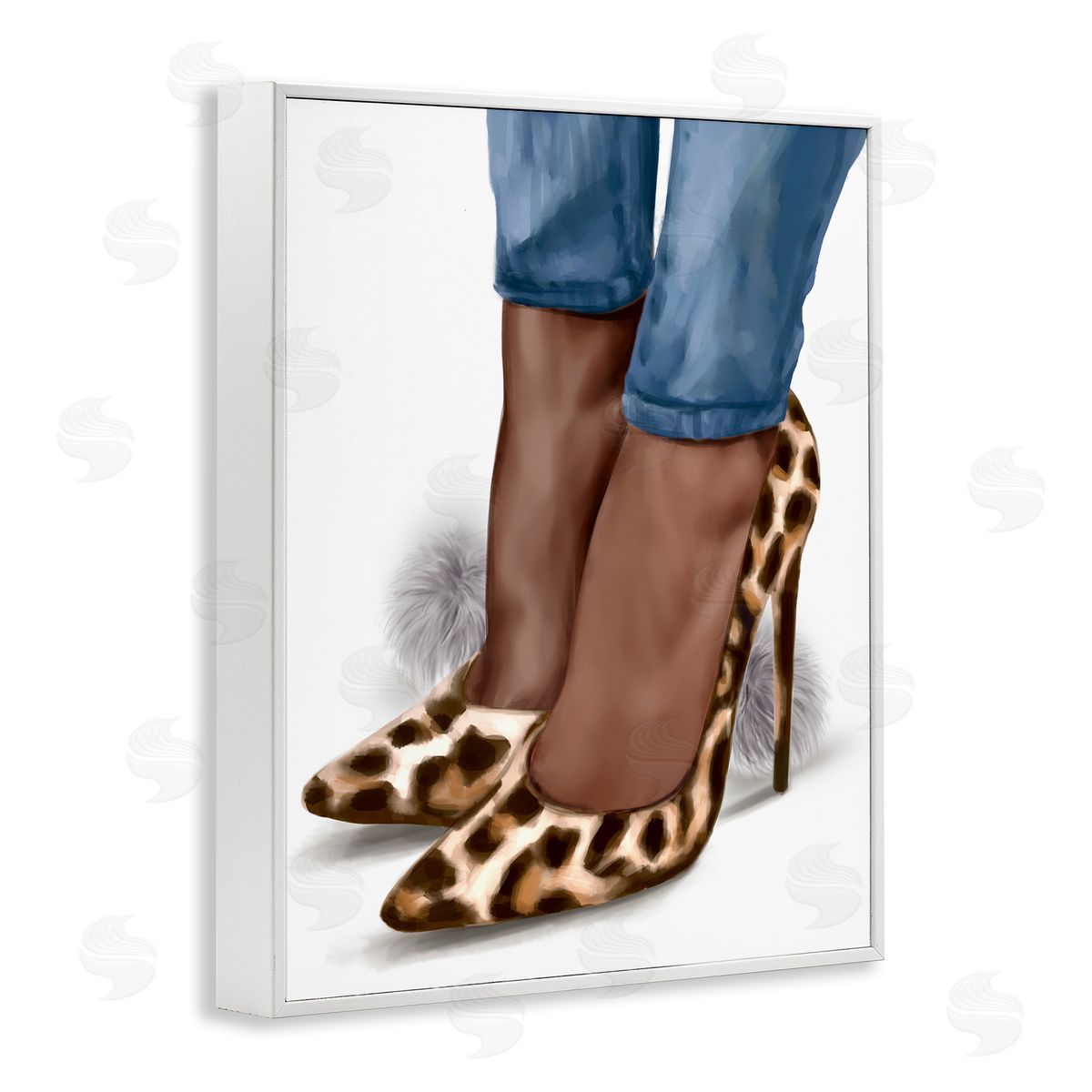 Ziwei Li Fashion Animal Print Heels and Denim White Framed Giclee Wall Art