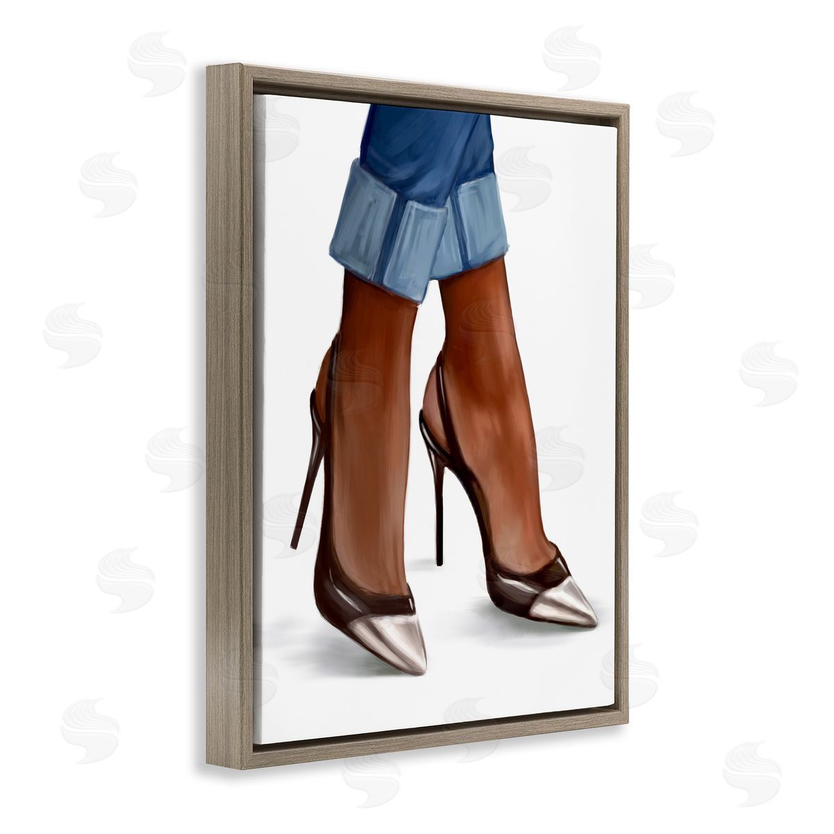 Ziwei Li Glam Toe Heels Cuffed Denim Brown Floater Frame Canvas Art