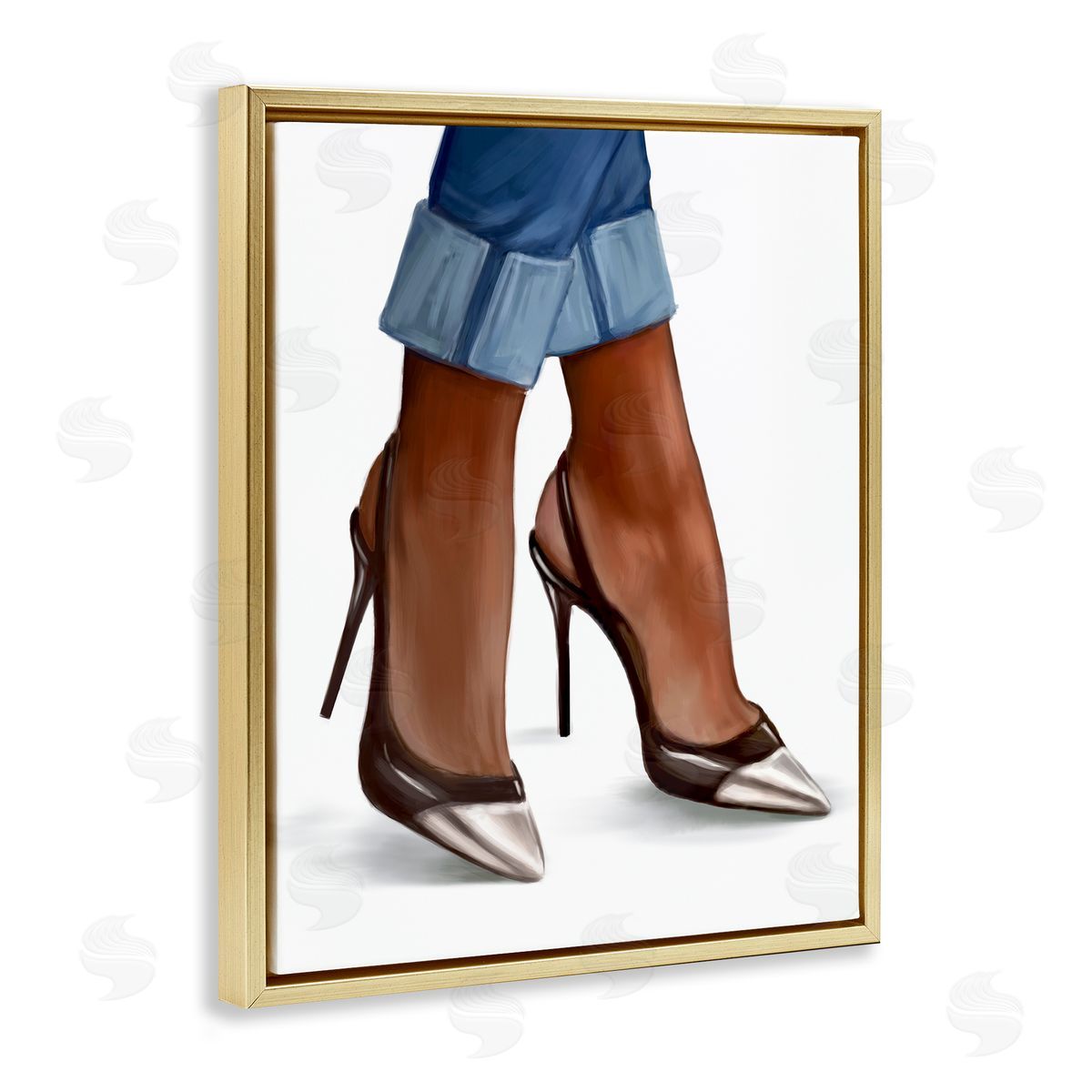 Ziwei Li Glam Toe Heels Cuffed Denim Gold Floater Frame Canvas Art