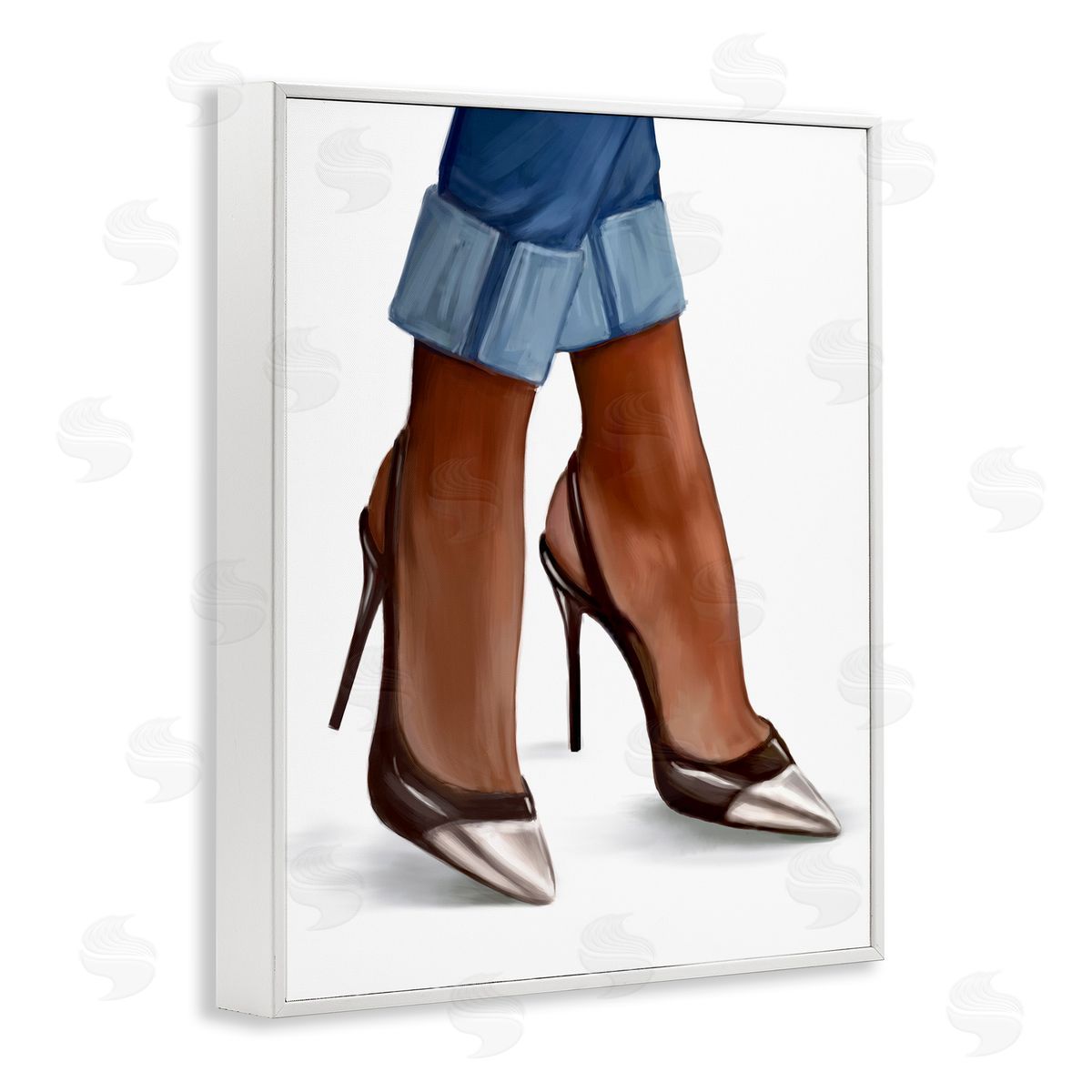 Ziwei Li Glam Toe Heels Cuffed Denim White Framed Giclee Wall Art