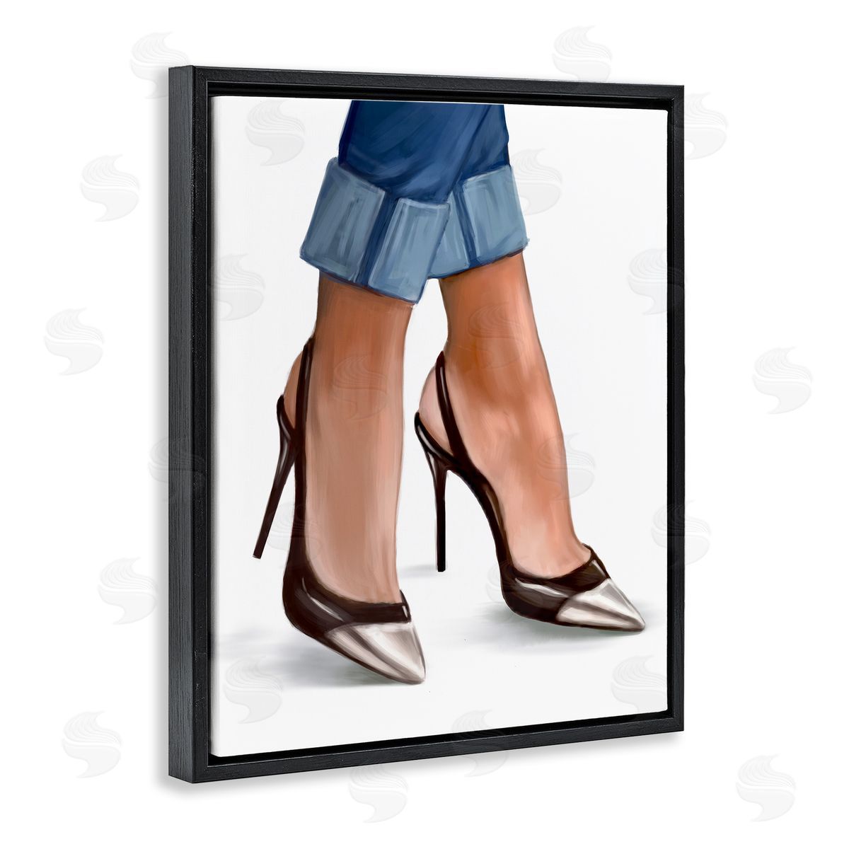 Ziwei Li Fashion Heels Cuffed Blue Denim Black Floater Frame Canvas Art
