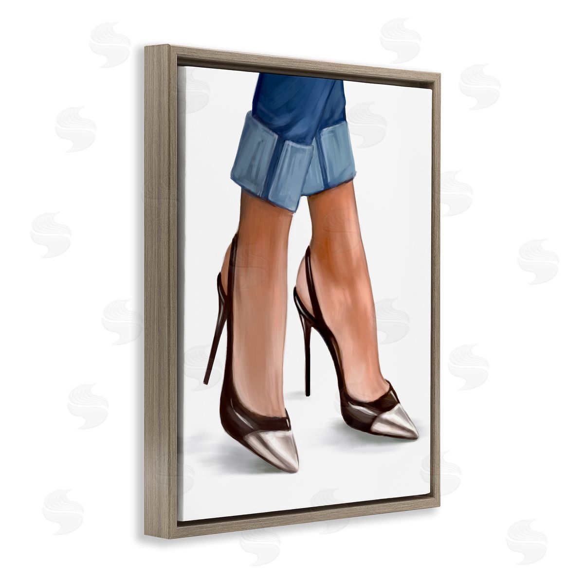 Ziwei Li Fashion Heels Cuffed Blue Denim Brown Floater Frame Canvas Art