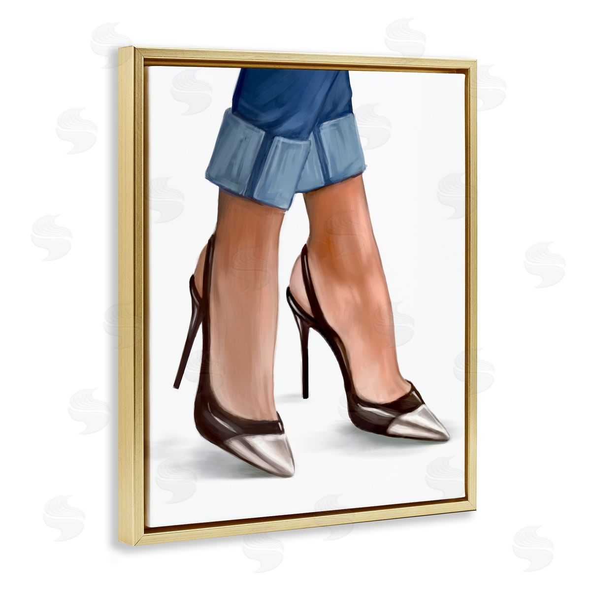 Ziwei Li Fashion Heels Cuffed Blue Denim Gold Floater Frame Canvas Art