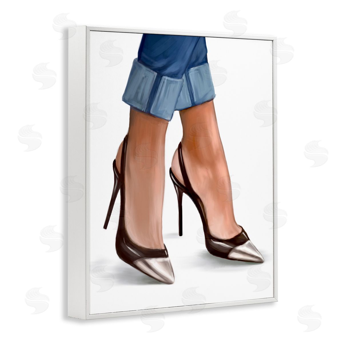 Ziwei Li Fashion Heels Cuffed Blue Denim White Framed Giclee Wall Art