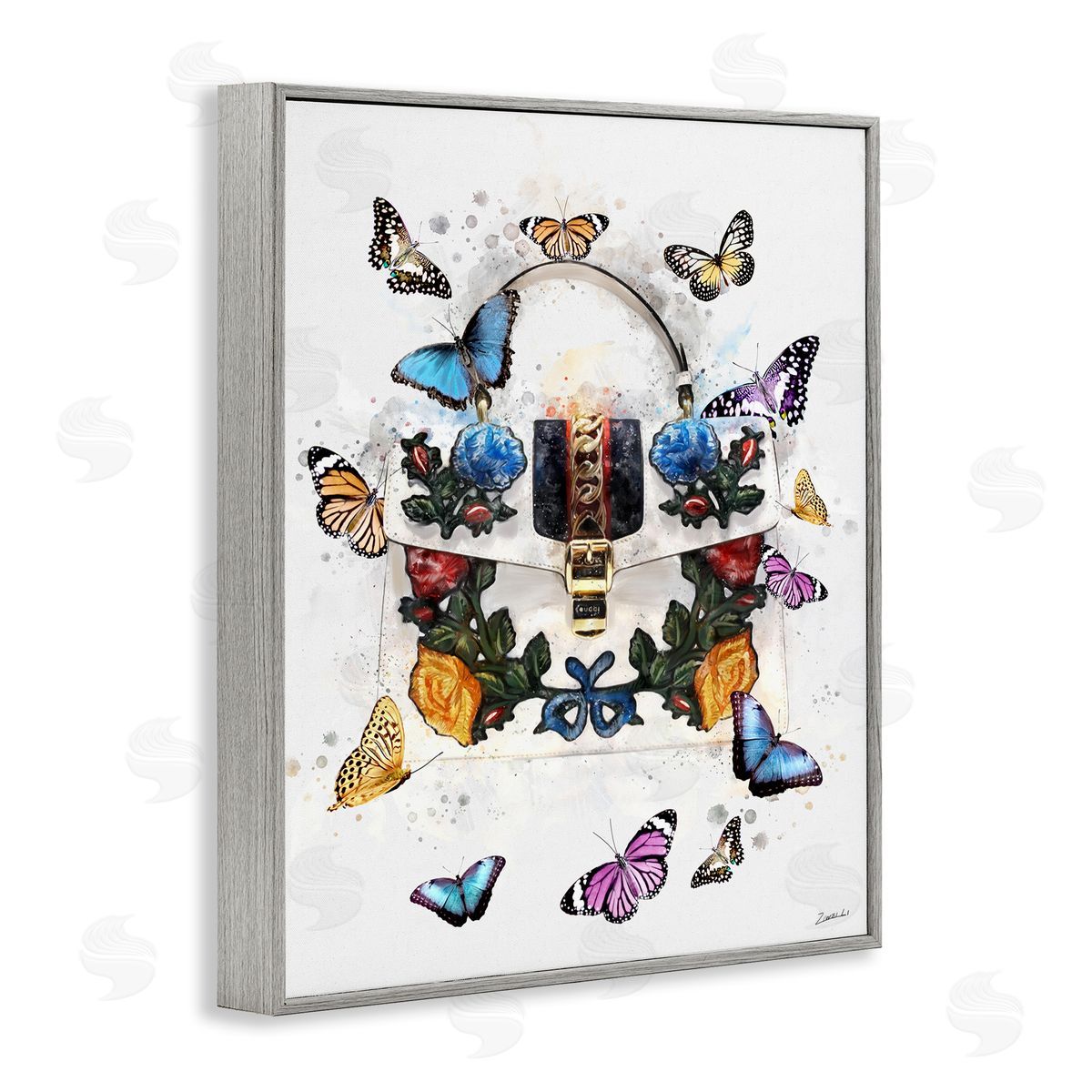 Ziwei Li Fashion Buckle Purse Butterflies and Florals Gray Framed Giclee Wall Art