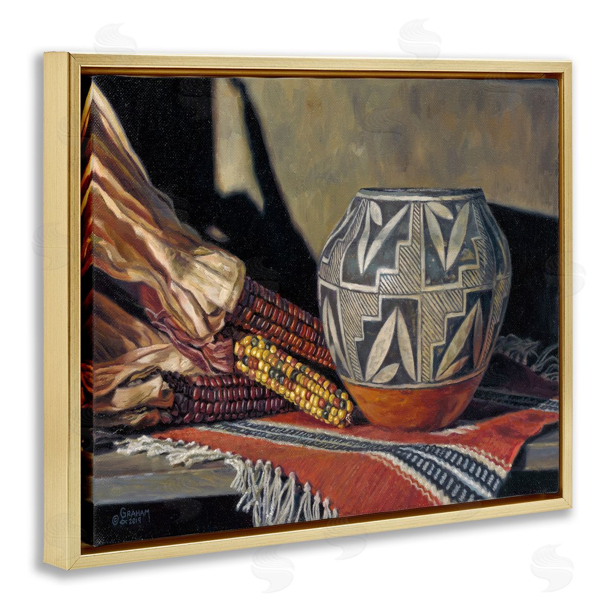 David Graham Traditional Corn Harvest Native Pottery Gold Floater Frame Canvas Art