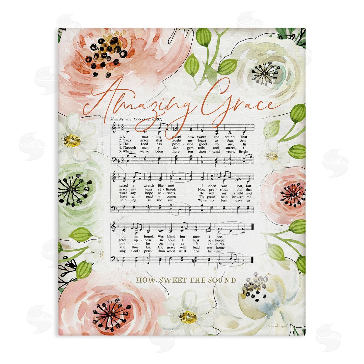Jennifer Pugh Amazing Grace Pink Floral Sheet Music Canvas Wall Art