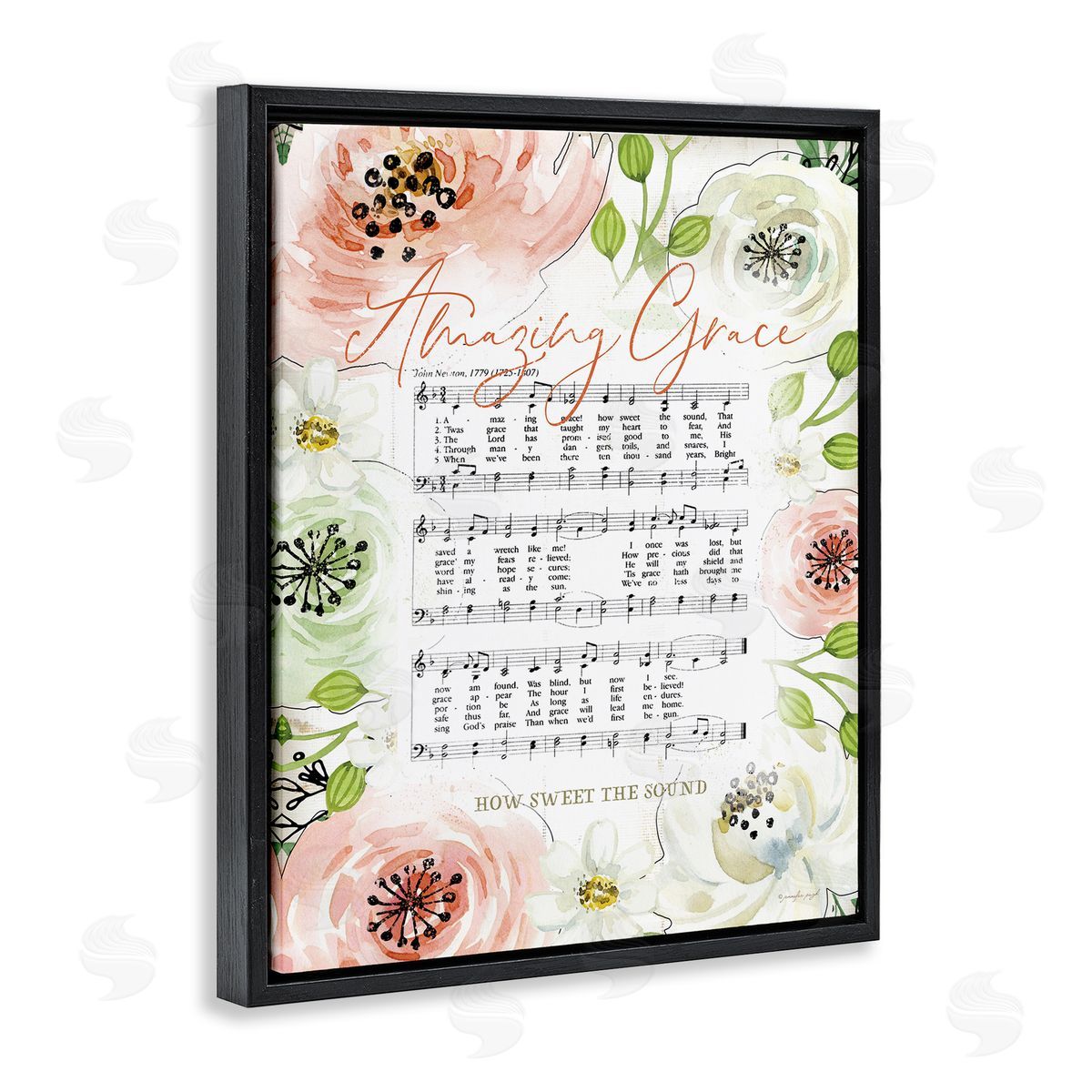 Jennifer Pugh Amazing Grace Pink Floral Sheet Music Black Floater Frame Canvas Art