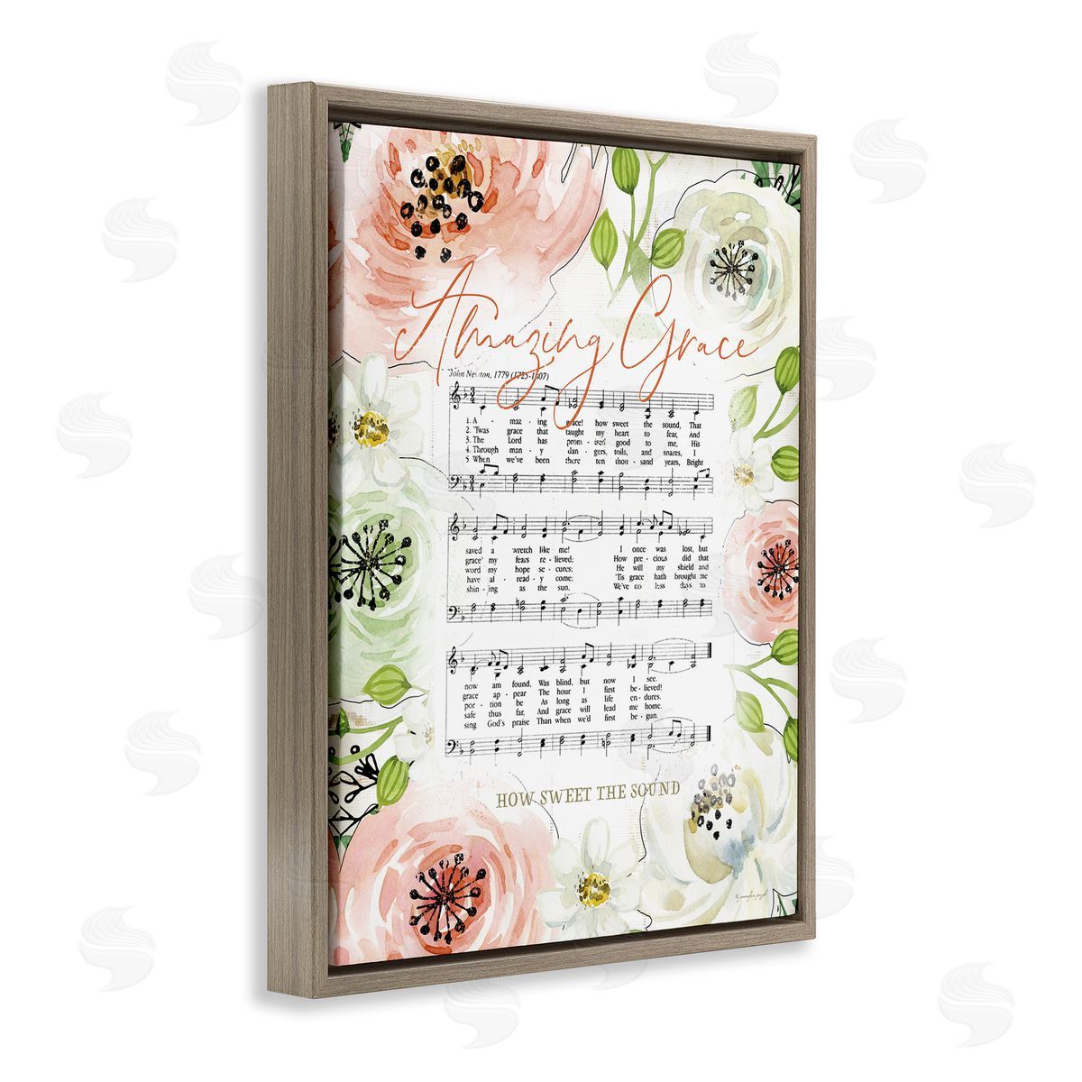 Jennifer Pugh Amazing Grace Pink Floral Sheet Music Brown Floater Frame Canvas Art