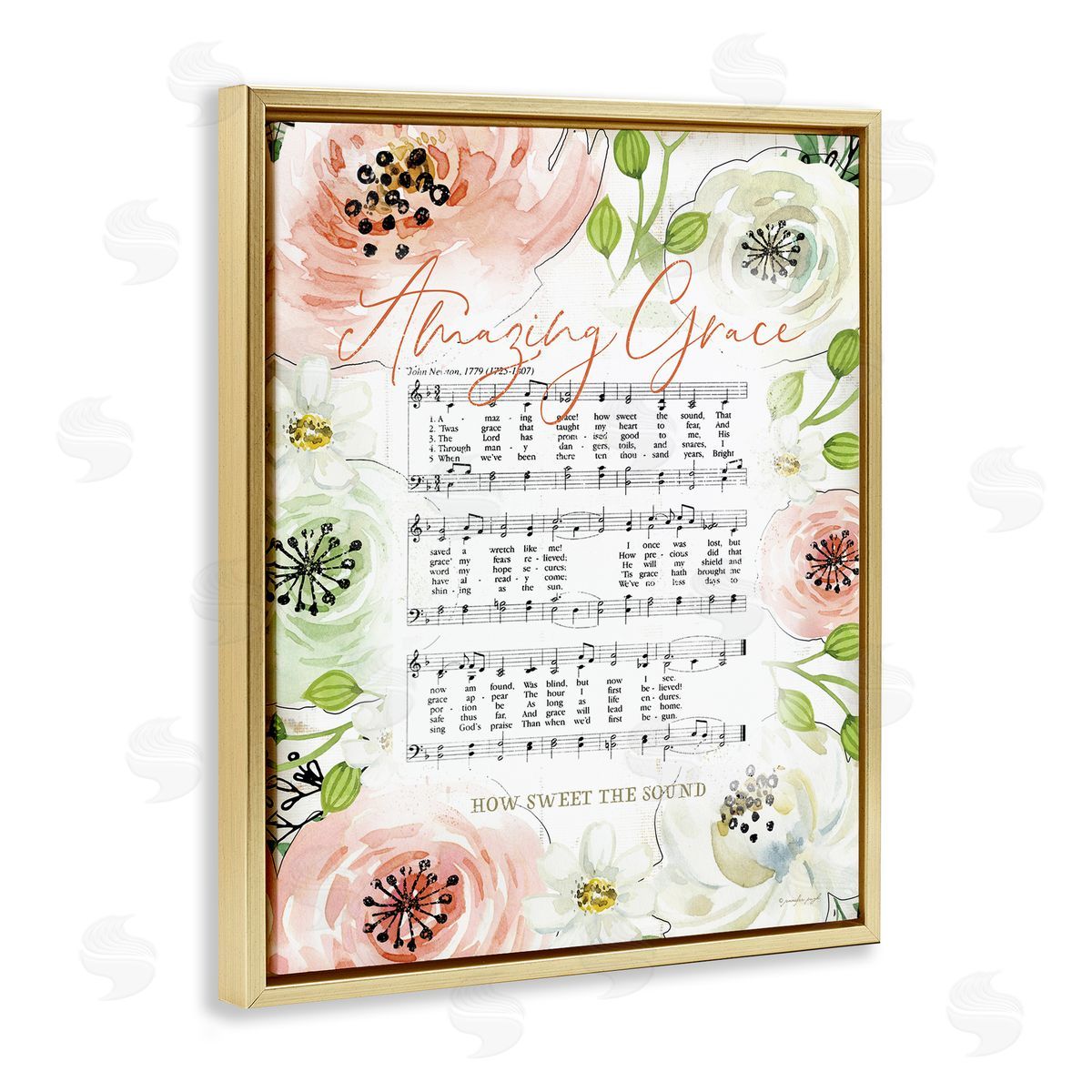 Jennifer Pugh Amazing Grace Pink Floral Sheet Music Gold Floater Frame Canvas Art