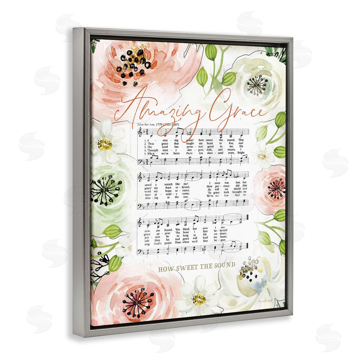 Jennifer Pugh Amazing Grace Pink Floral Sheet Music Gray Floater Frame Canvas Art