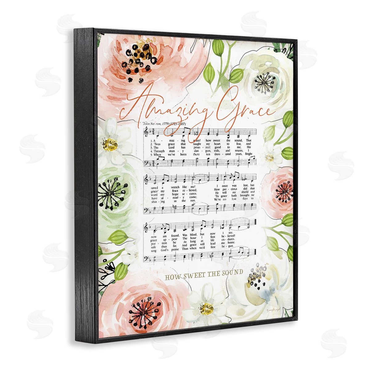 Jennifer Pugh Amazing Grace Pink Floral Sheet Music Black Framed Giclee Wall Art