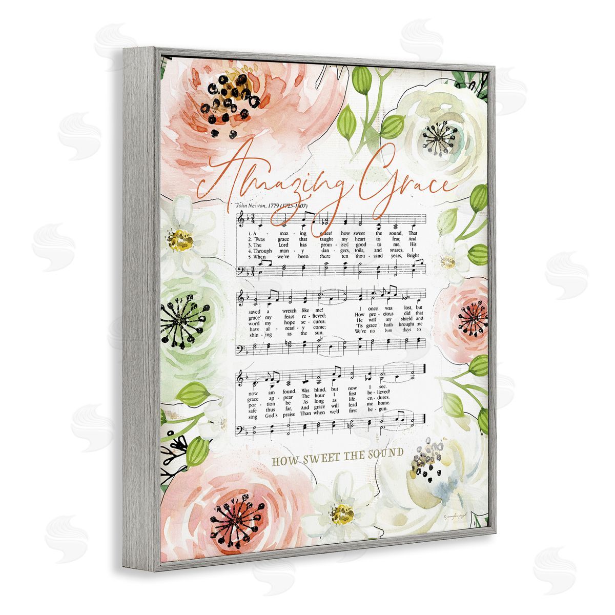 Jennifer Pugh Amazing Grace Pink Floral Sheet Music Gray Framed Giclee Wall Art