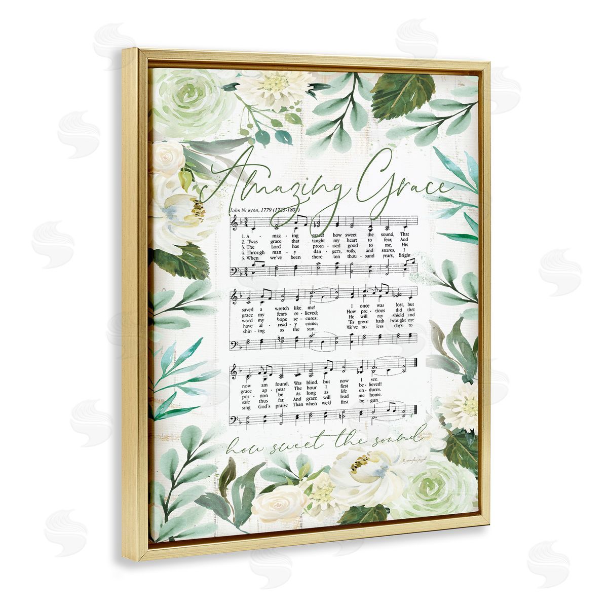Jennifer Pugh Amazing Grace Green Floral Sheet Music Gold Floater Frame Canvas Art