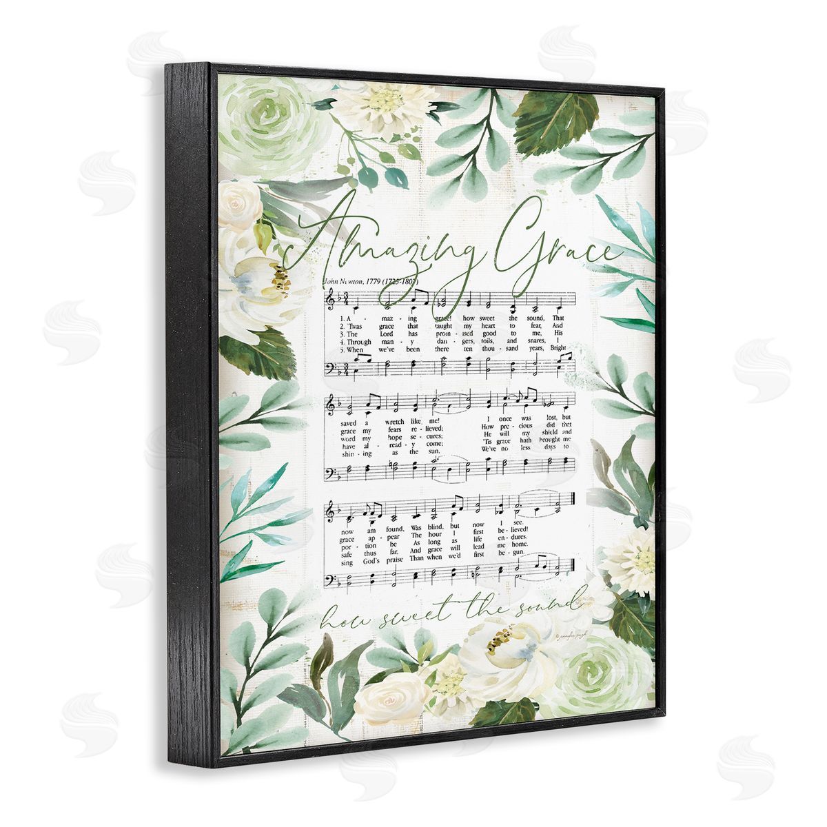 Jennifer Pugh Amazing Grace Green Floral Sheet Music Black Framed Giclee Wall Art