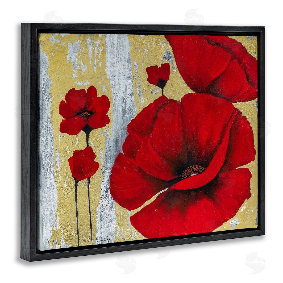 Vahan Alaverdyan Rustic Red Poppy Florals Grey Gold  Black Floater Frame Canvas Art