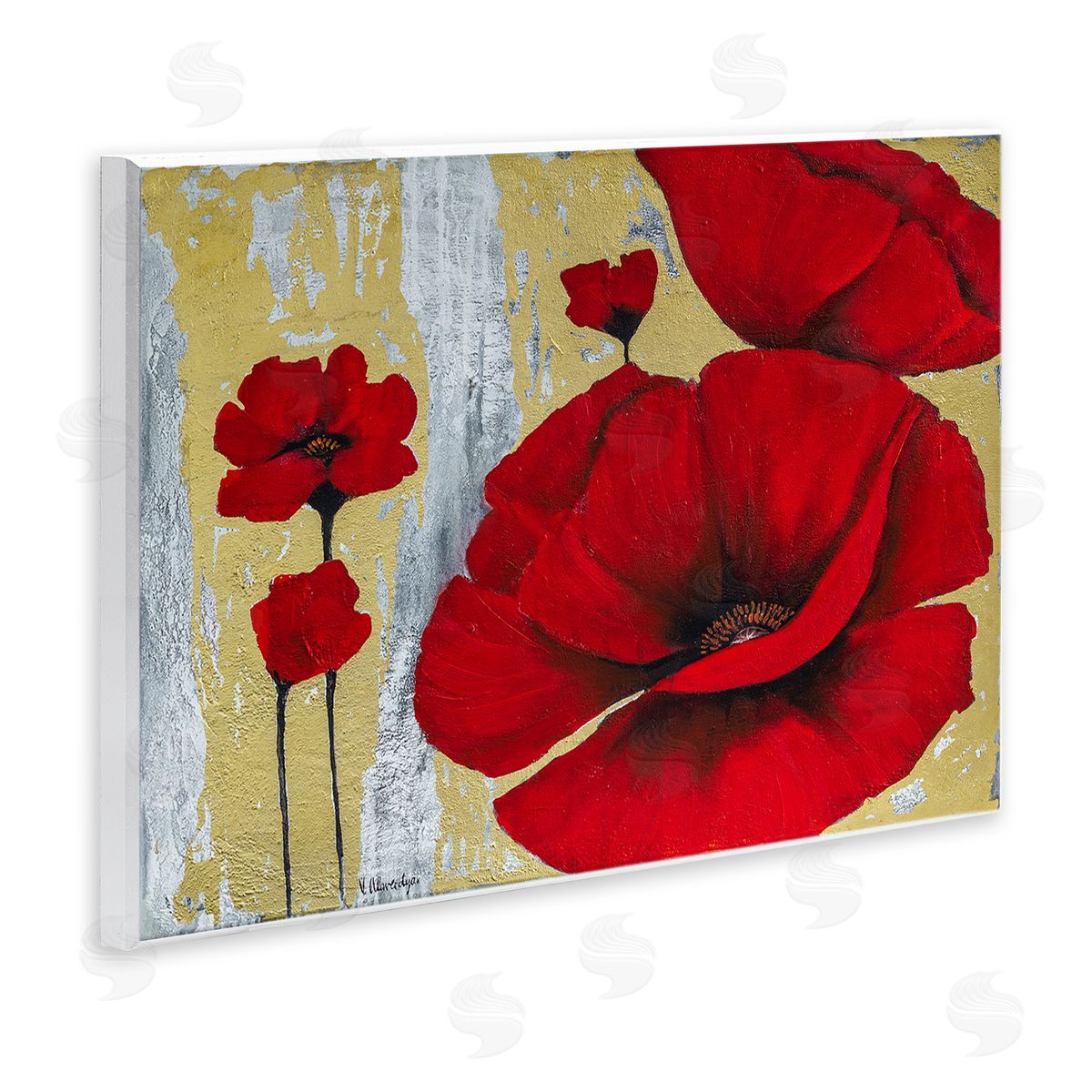 Vahan Alaverdyan Rustic Red Poppy Florals Grey Gold  Wall Plaque Art