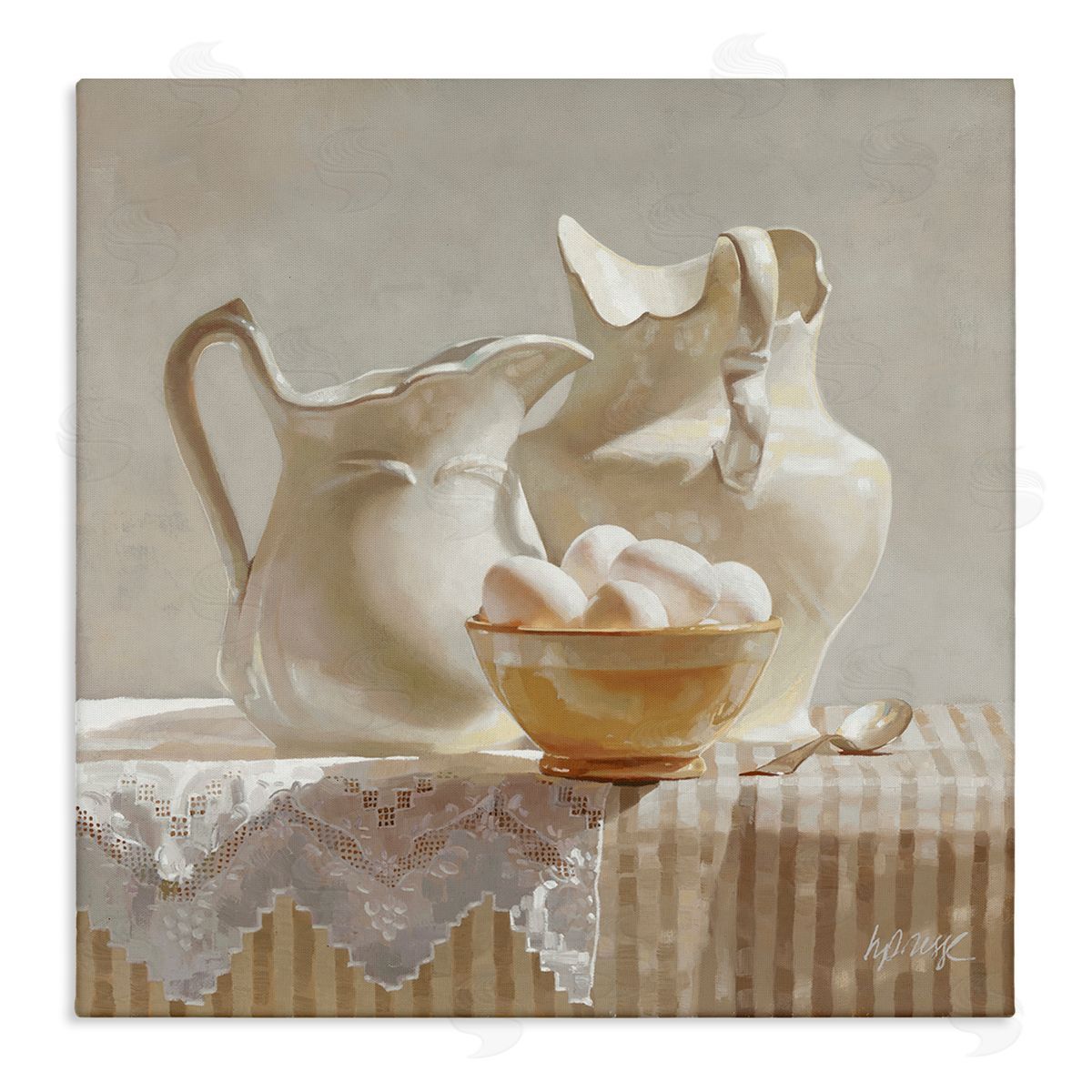 Heide Presse Country White Pitchers Farm Table Still Life Canvas Wall Art