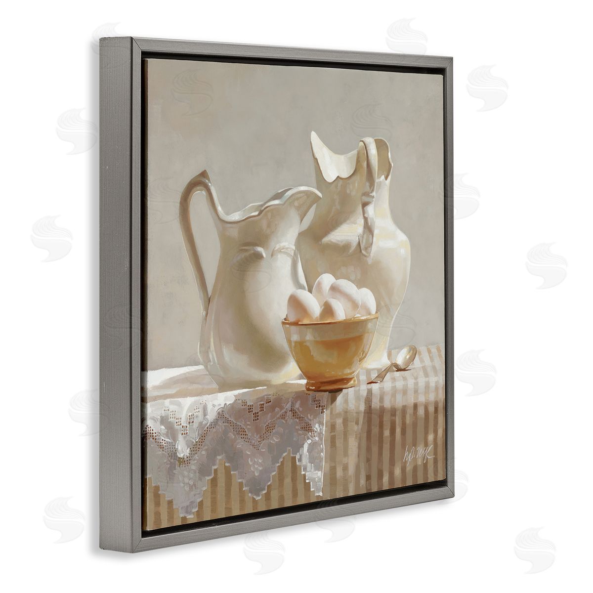 Heide Presse Country White Pitchers Farm Table Still Life Gray Floater Frame Canvas Art