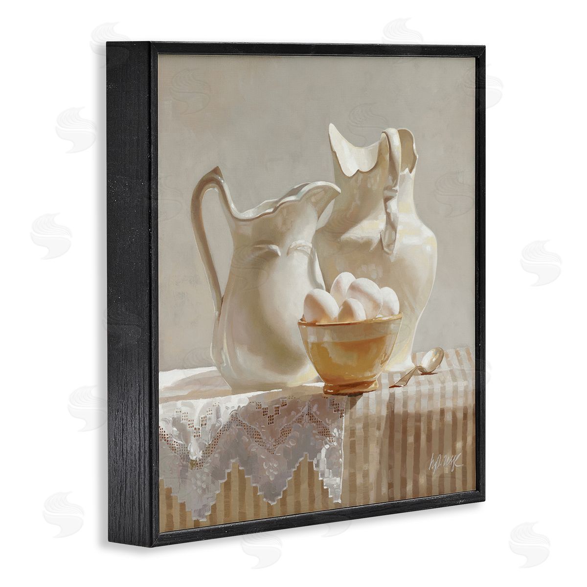 Heide Presse Country White Pitchers Farm Table Still Life Black Framed Giclee Wall Art