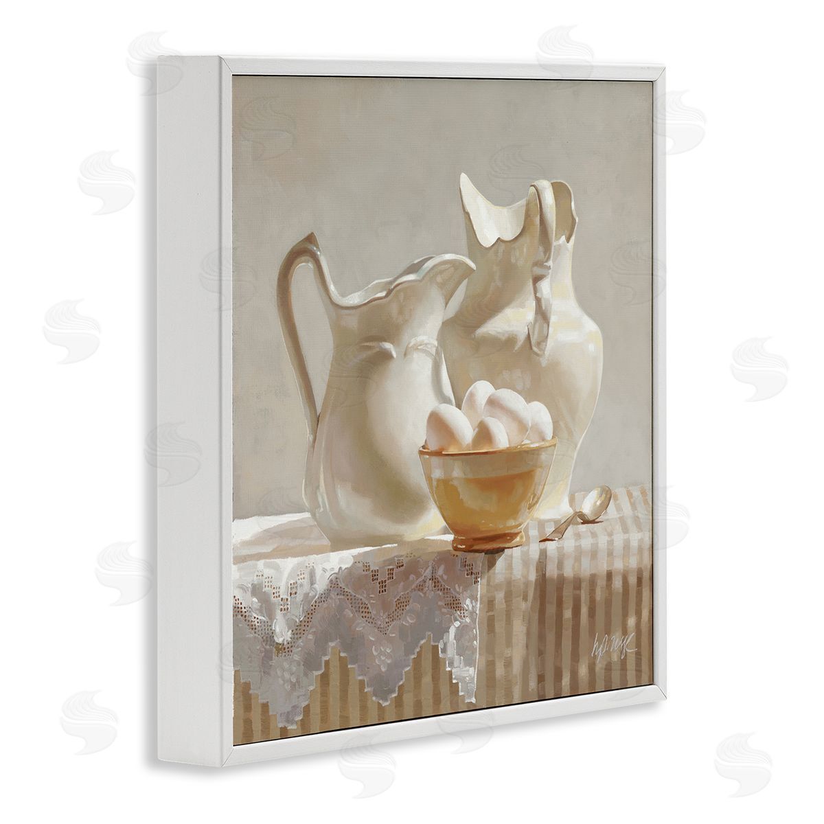 Heide Presse Country White Pitchers Farm Table Still Life White Framed Giclee Wall Art
