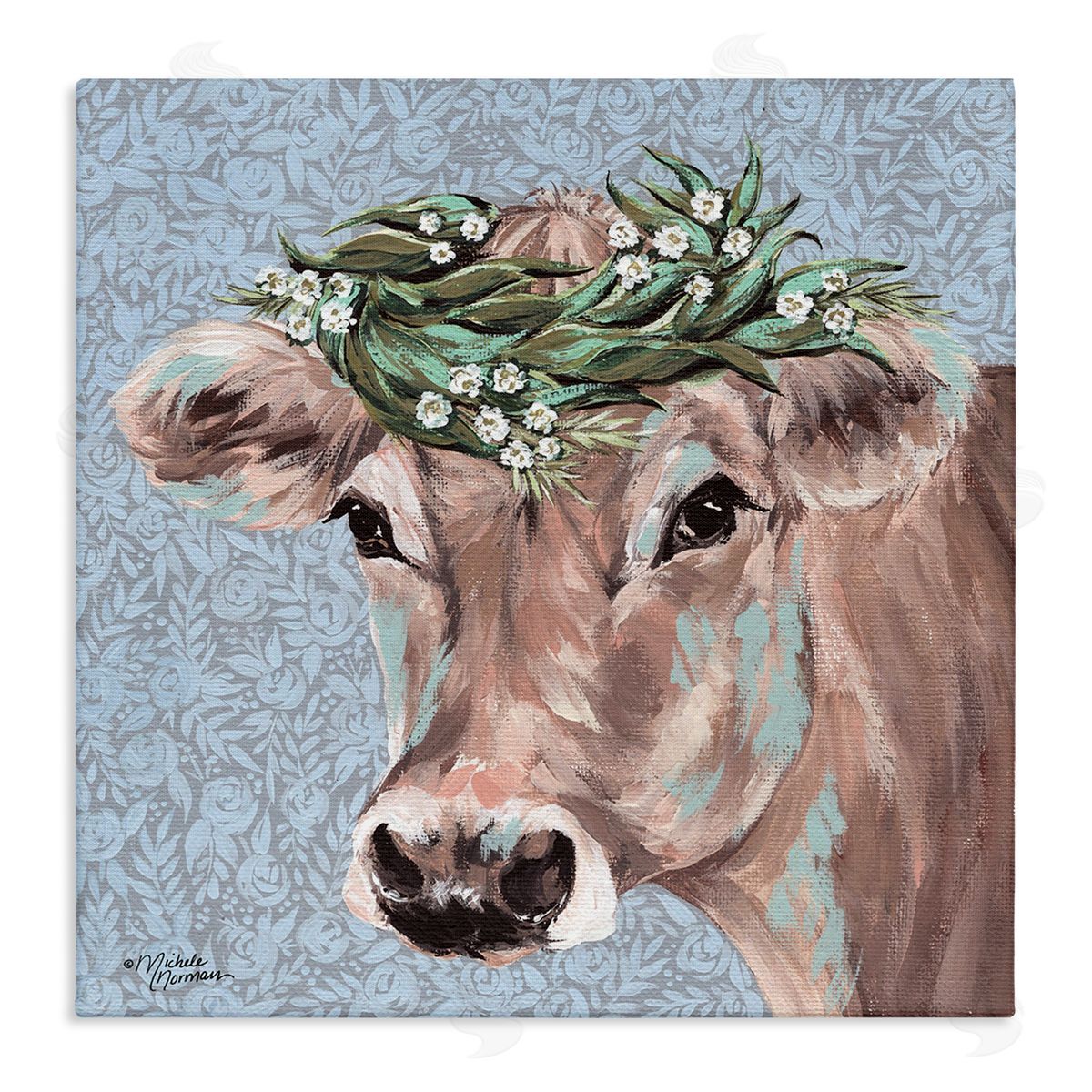 Michele Norman Charming Rural Cow Portrait Floral Crown Canvas Wall Art